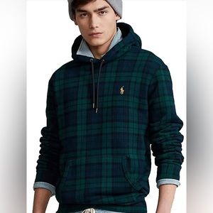 POLO RALPH LAUREN • BOY’S FLEECE BLACKWATCH PLAID HOODIE • green sherpa blue
